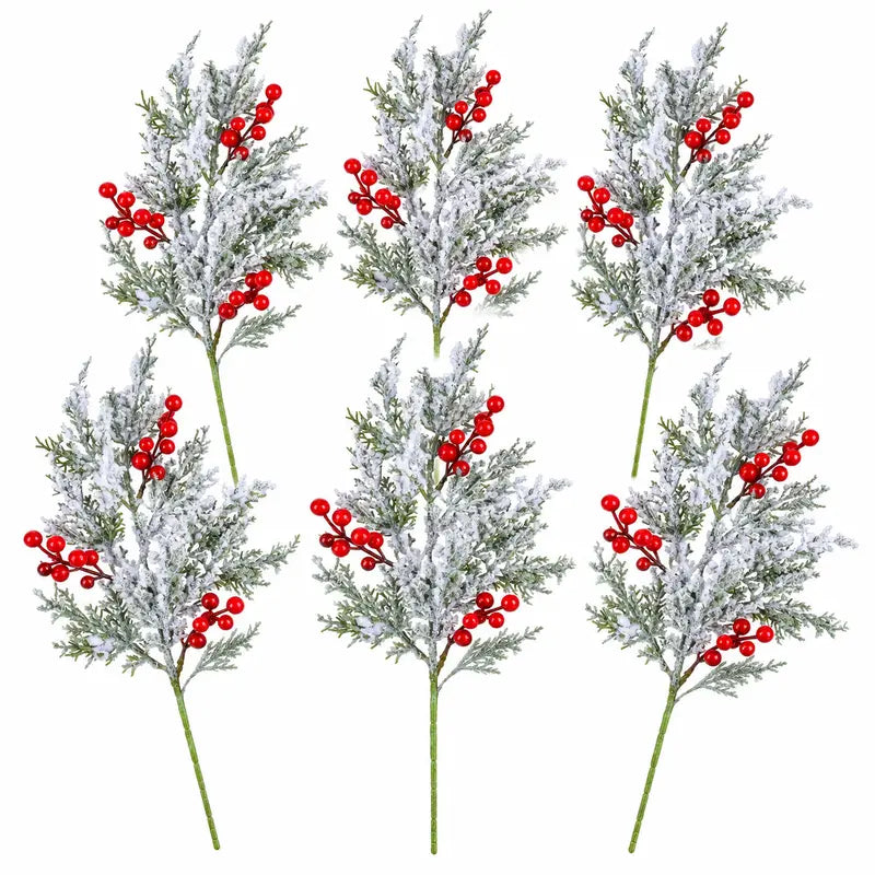 🎀Artificial Frosted Christmas Pine-Cedar Stems with Red Berries – Snowy Evergreen Picks