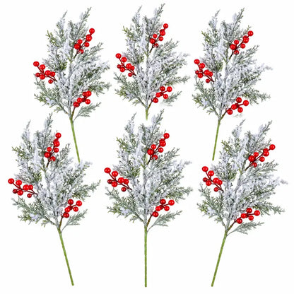 🎀Artificial Frosted Christmas Pine-Cedar Stems with Red Berries – Snowy Evergreen Picks