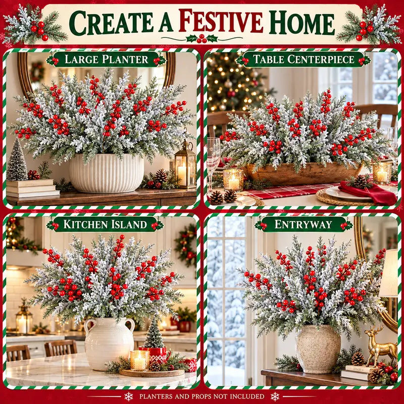🎀Artificial Frosted Christmas Pine-Cedar Stems with Red Berries – Snowy Evergreen Picks