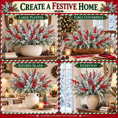🎀Artificial Frosted Christmas Pine-Cedar Stems with Red Berries – Snowy Evergreen Picks
