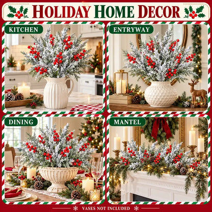 🎀Artificial Frosted Christmas Pine-Cedar Stems with Red Berries – Snowy Evergreen Picks