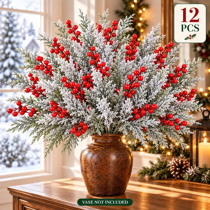 🎀Artificial Frosted Christmas Pine-Cedar Stems with Red Berries – Snowy Evergreen Picks