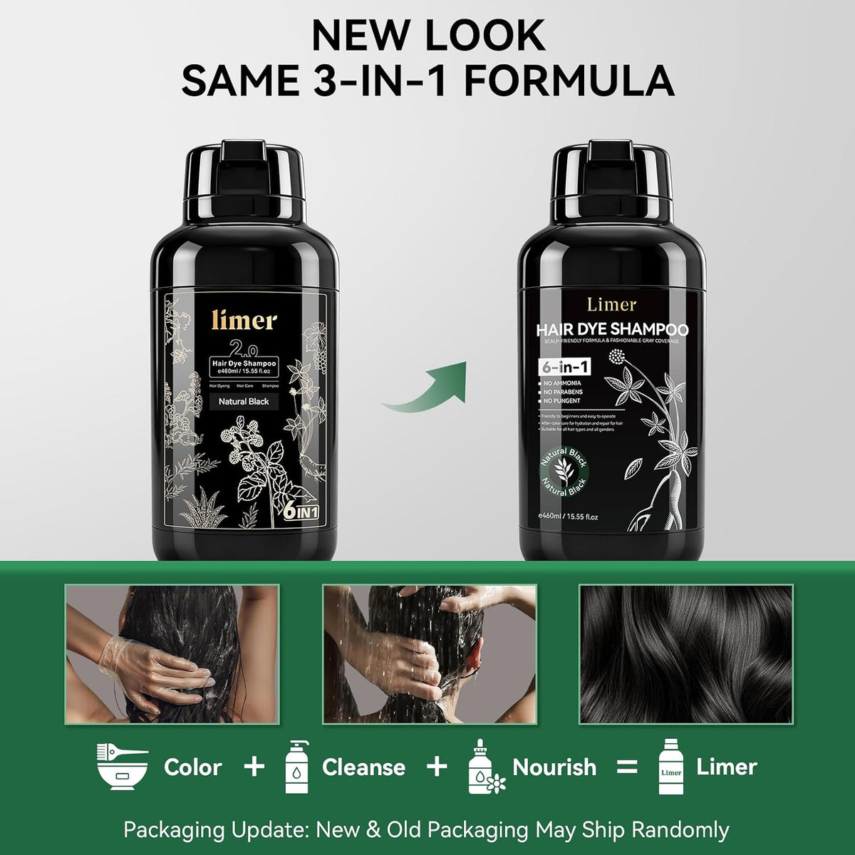 🎉Limer Natural Black Hair Dye Shampoo for Gray Hair, 6 in 1 Color Shampoo