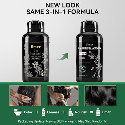 🎉Limer Natural Black Hair Dye Shampoo for Gray Hair, 6 in 1 Color Shampoo