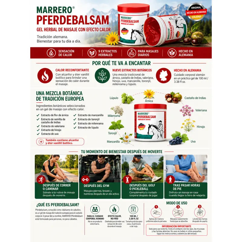 MARRERO Pferdebalsam Spanish-language product infographic and German herbal massage formula overview