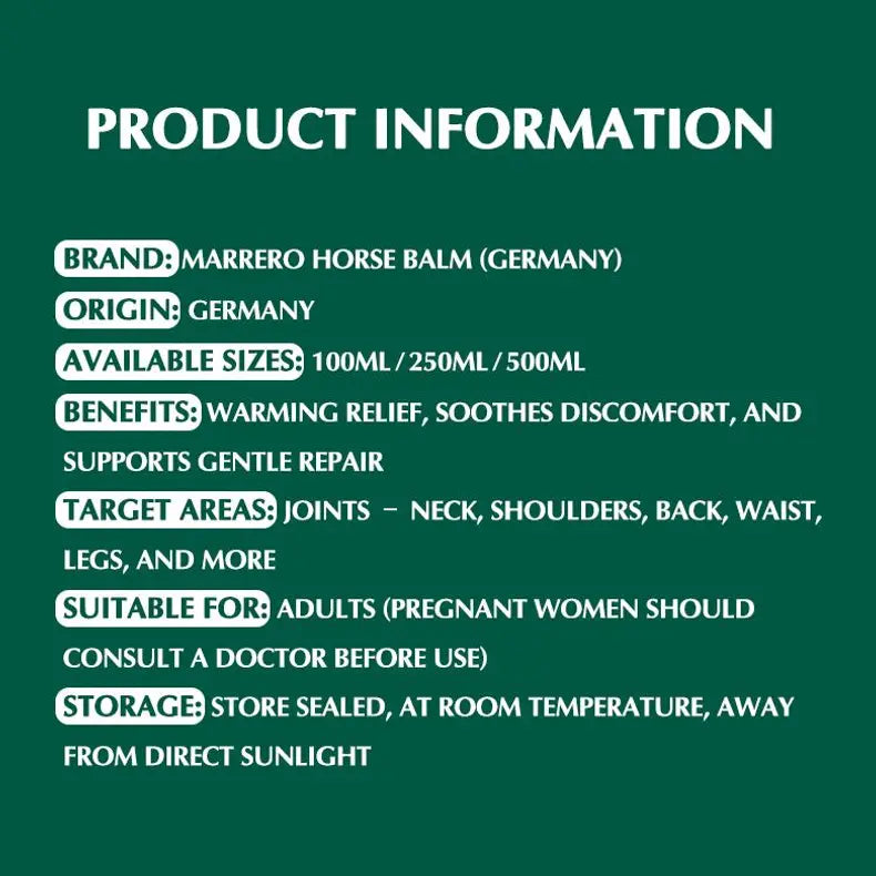 MARRERO German horse balm product information size and storage infographic