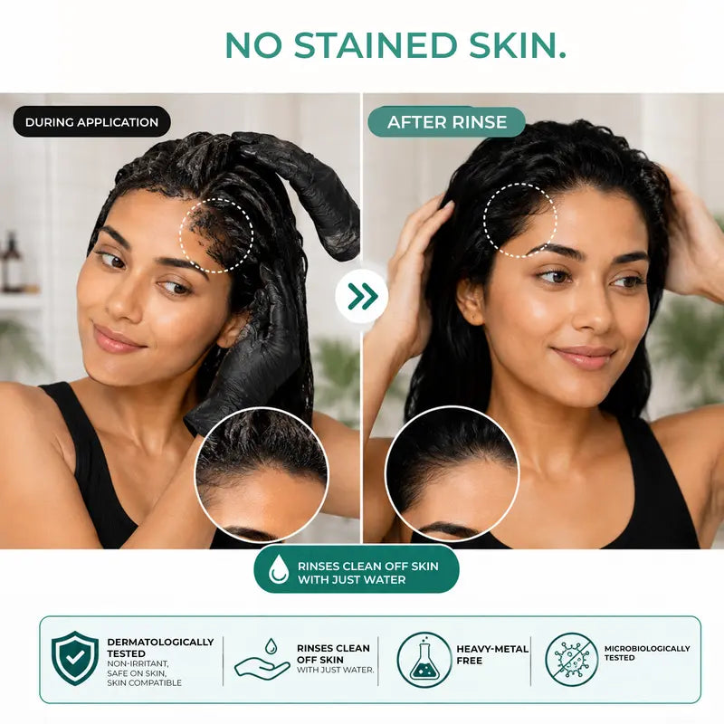 Anveya Natural Black shampoo during application and after rinsing