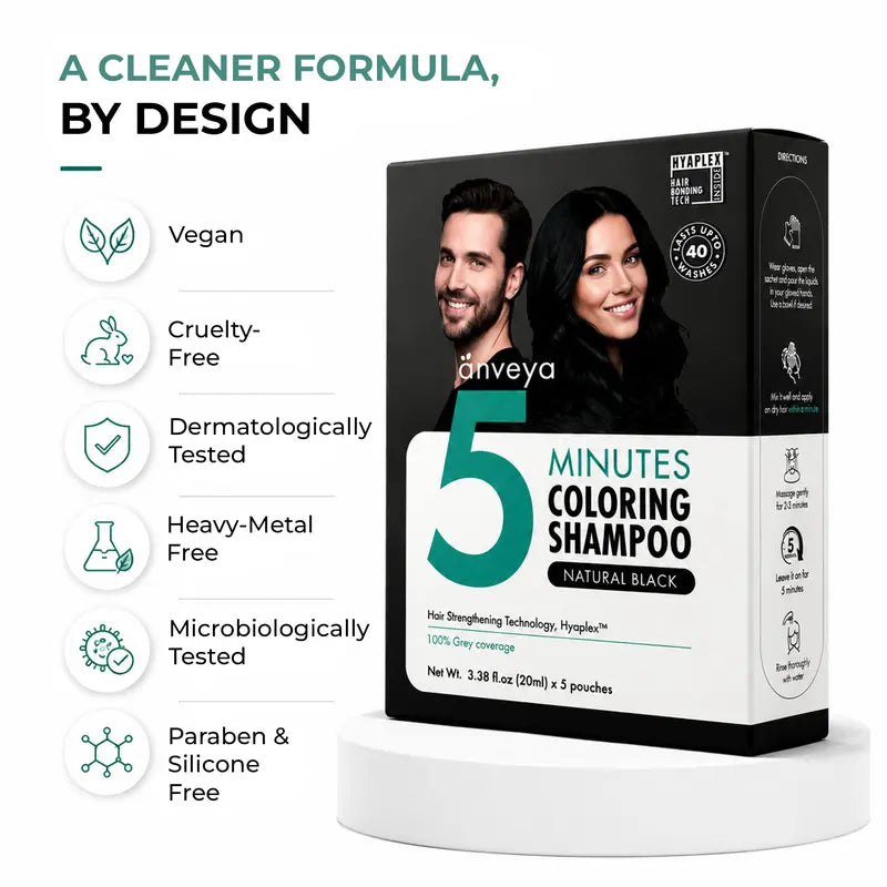 Anveya Natural Black coloring shampoo product box and formula claims