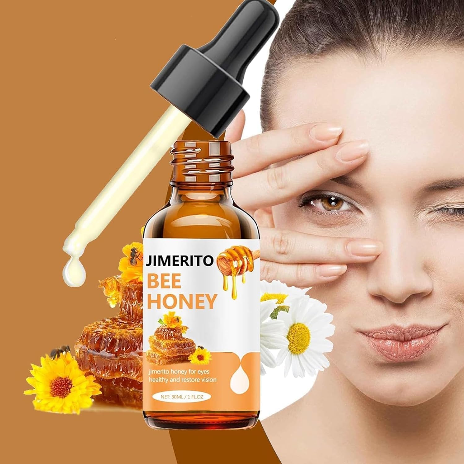 Jimerito Bee Honey bottle with honeycomb and botanical styling