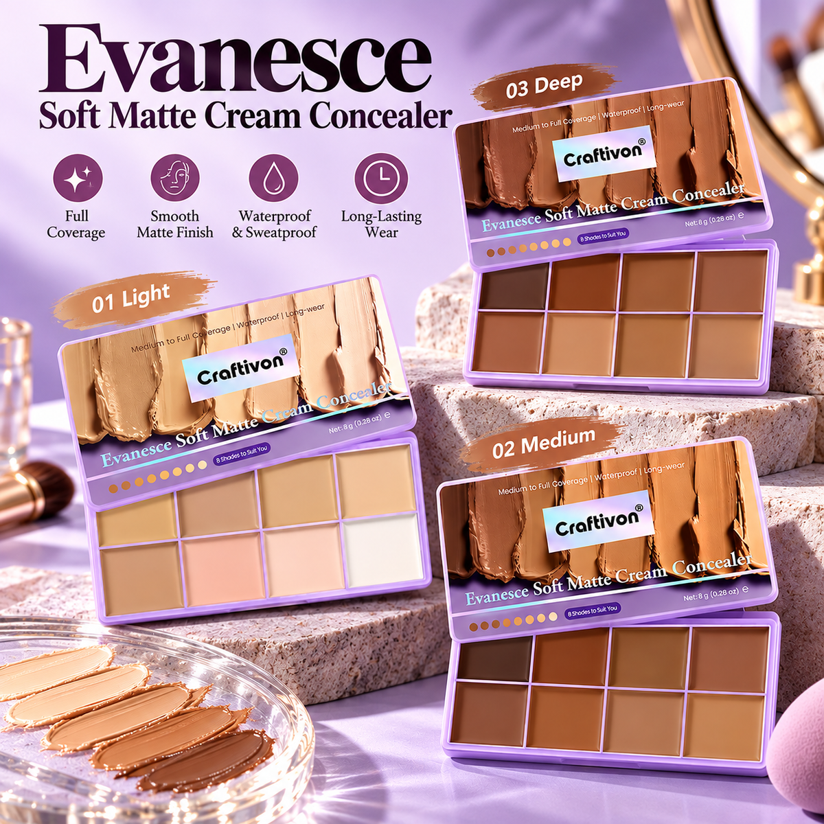 ❤️8-Color Full Coverage Concealer Palette – Waterproof & Matte Finish