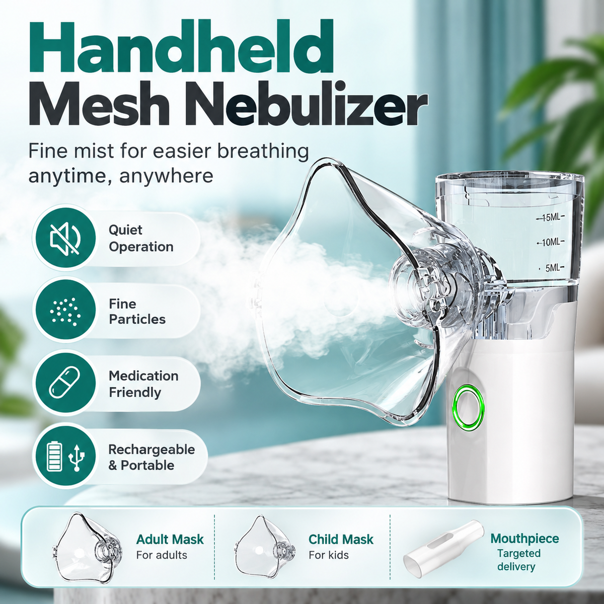 ✨Portable Mesh Nebulizer – Quiet Handheld Nebulizer with Adult & Child Masks