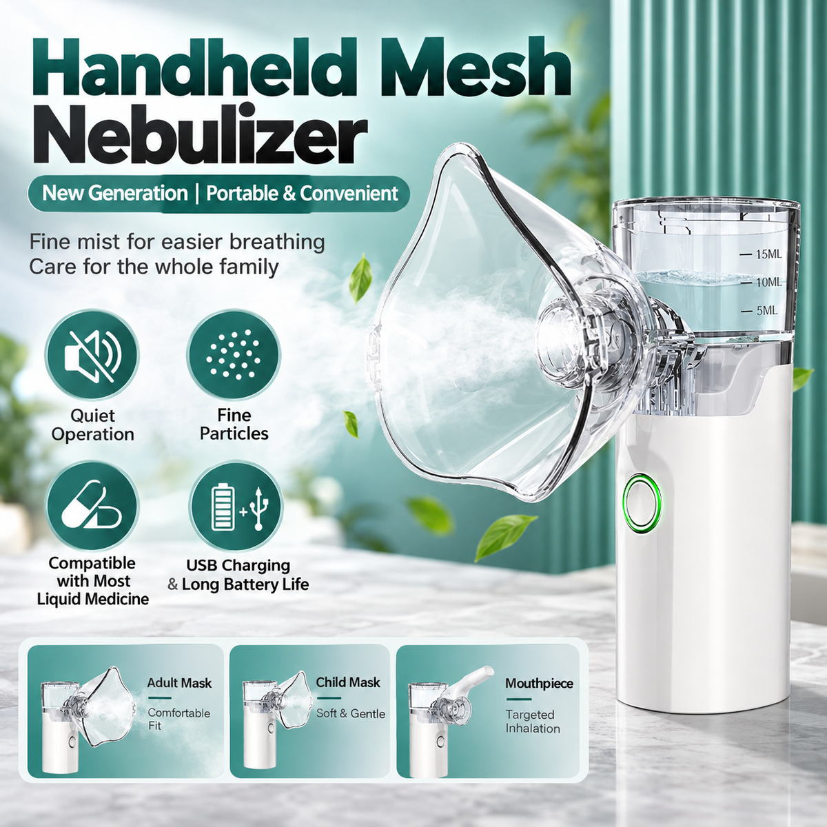 ✨Portable Mesh Nebulizer – Quiet Handheld Nebulizer with Adult & Child Masks