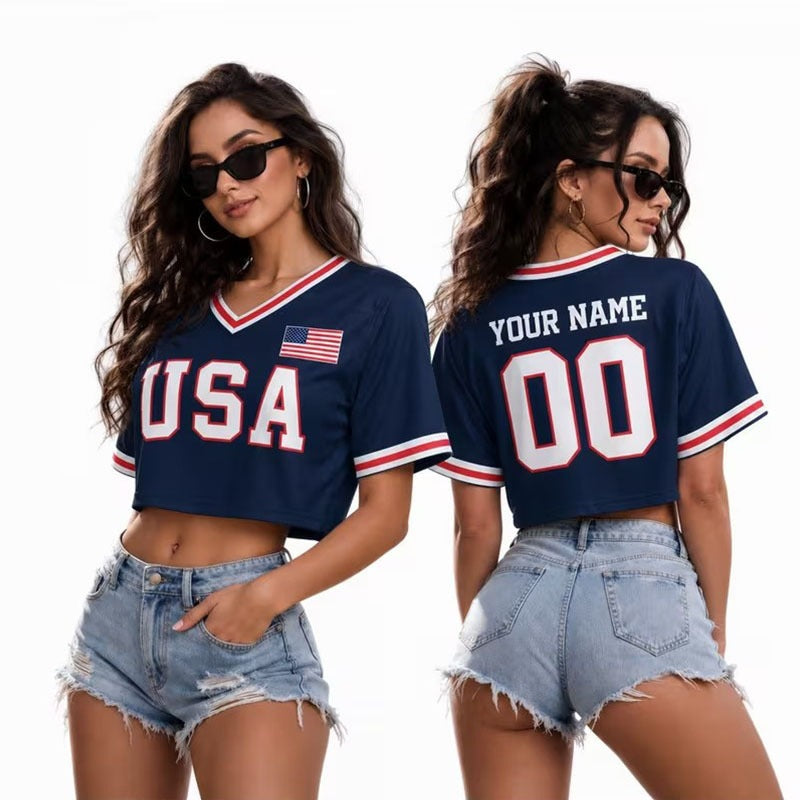 Women's Printed Cropped Soccer Jersey – V-Neck Mesh Short Sleeve Streetwear Crop Top