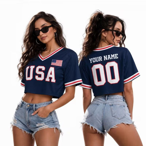 Women's Printed Cropped Soccer Jersey – V-Neck Mesh Short Sleeve Streetwear Crop Top
