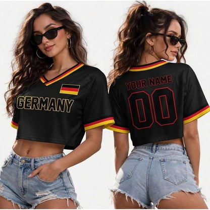 Women's Printed Cropped Soccer Jersey – V-Neck Mesh Short Sleeve Streetwear Crop Top