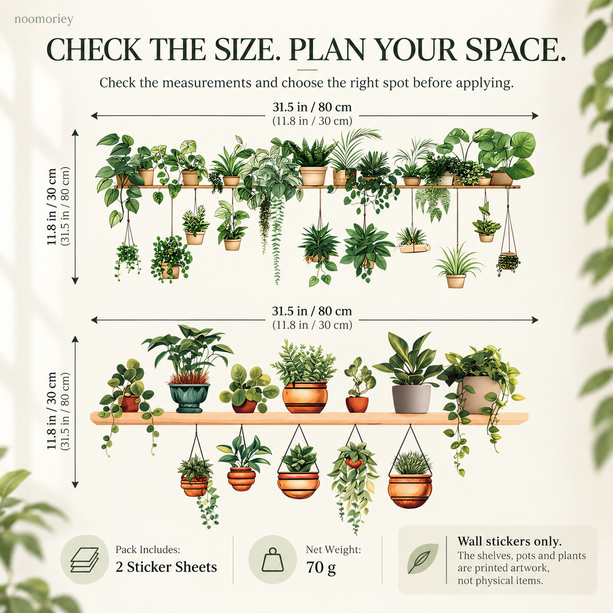 🔥🌿 Botanical Shelf Wall Stickers – 2-Piece Self-Adhesive Plant Decor