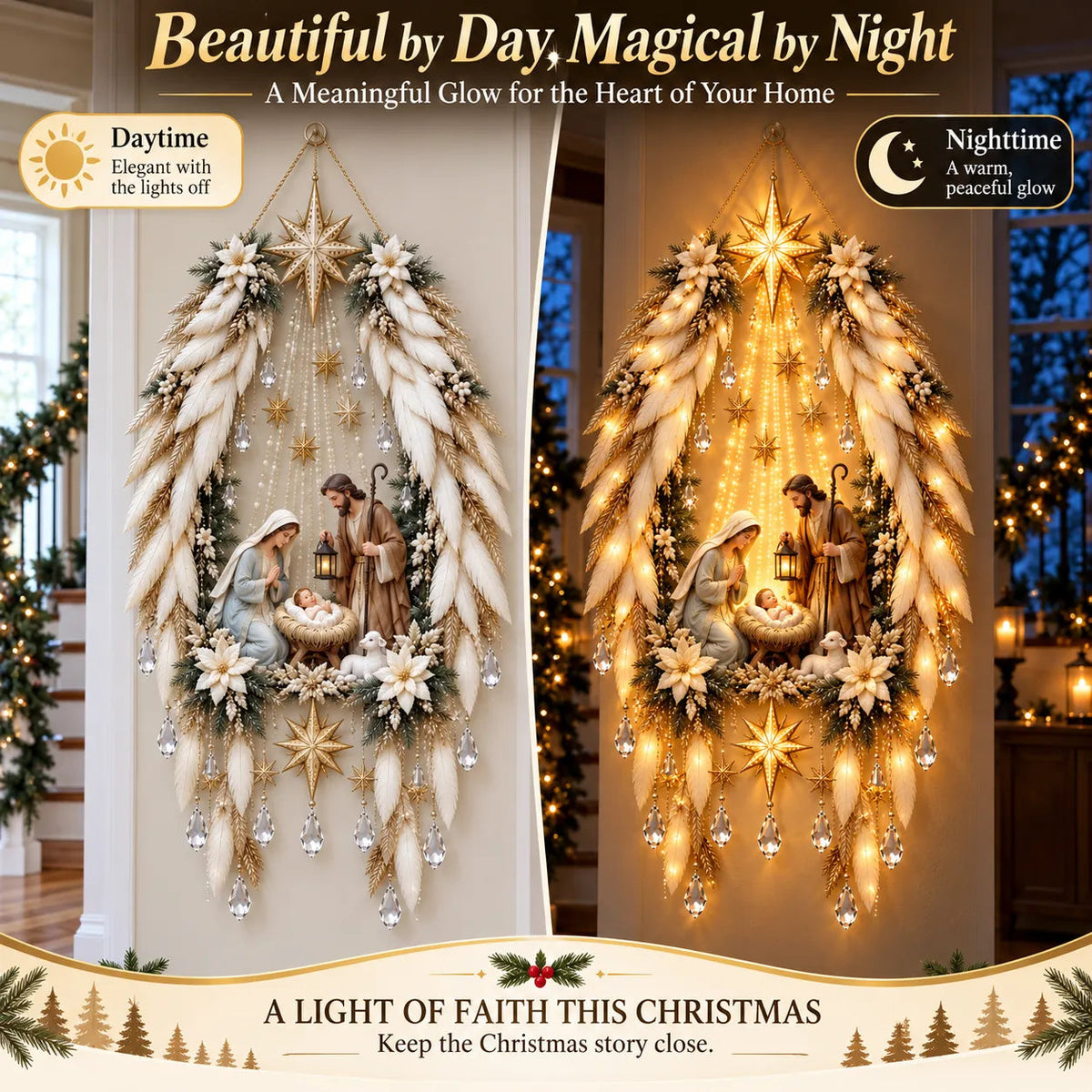 🎉3D Heavenly Angel Wings Nativity Light✨ – Lighted Christmas Wall Decor