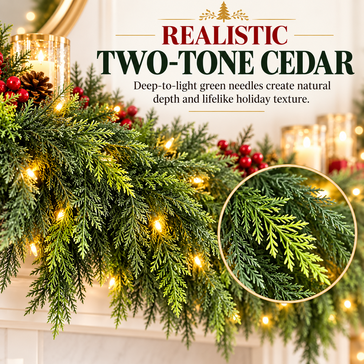 🎉6FT Thick Christmas Cedar Garland with Lights, Layered Faux Greenery Decor