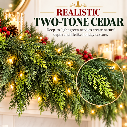 🎉6FT Thick Christmas Cedar Garland with Lights, Layered Faux Greenery Decor