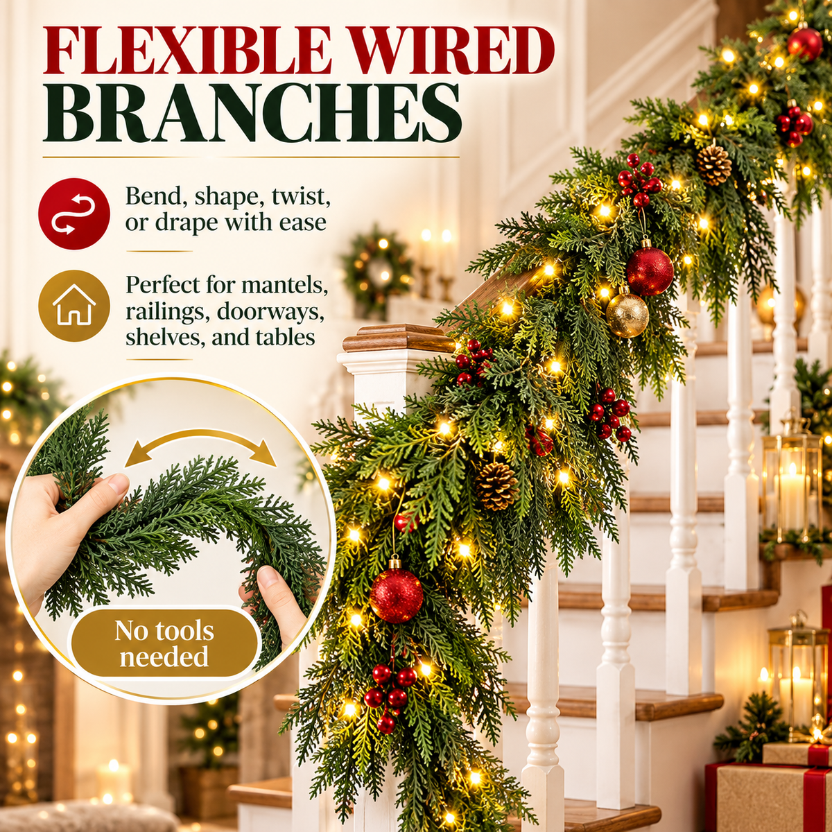 🎉6FT Thick Christmas Cedar Garland with Lights, Layered Faux Greenery Decor