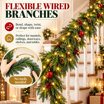🎉6FT Thick Christmas Cedar Garland with Lights, Layered Faux Greenery Decor