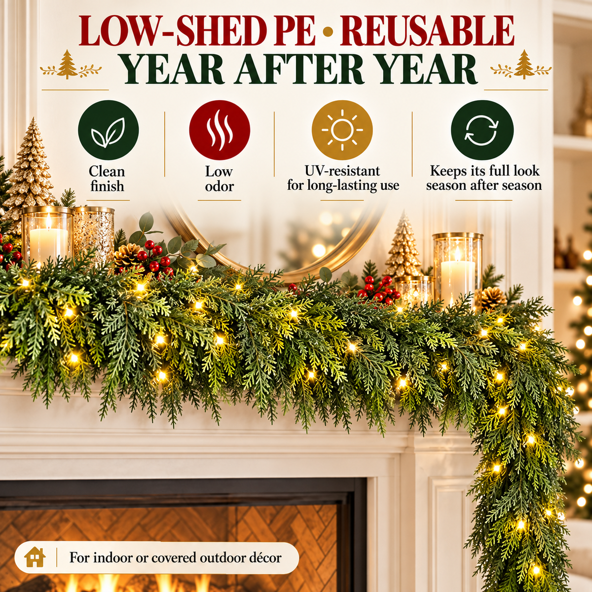 🎉6FT Thick Christmas Cedar Garland with Lights, Layered Faux Greenery Decor