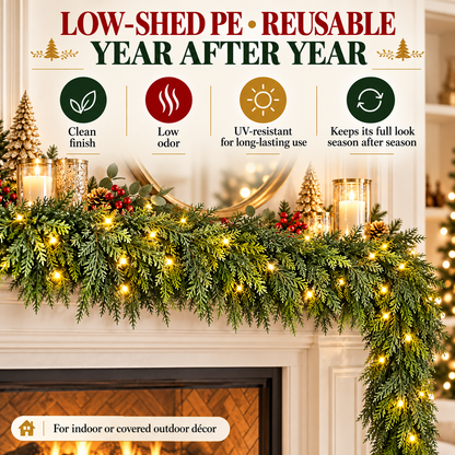 🎉6FT Thick Christmas Cedar Garland with Lights, Layered Faux Greenery Decor