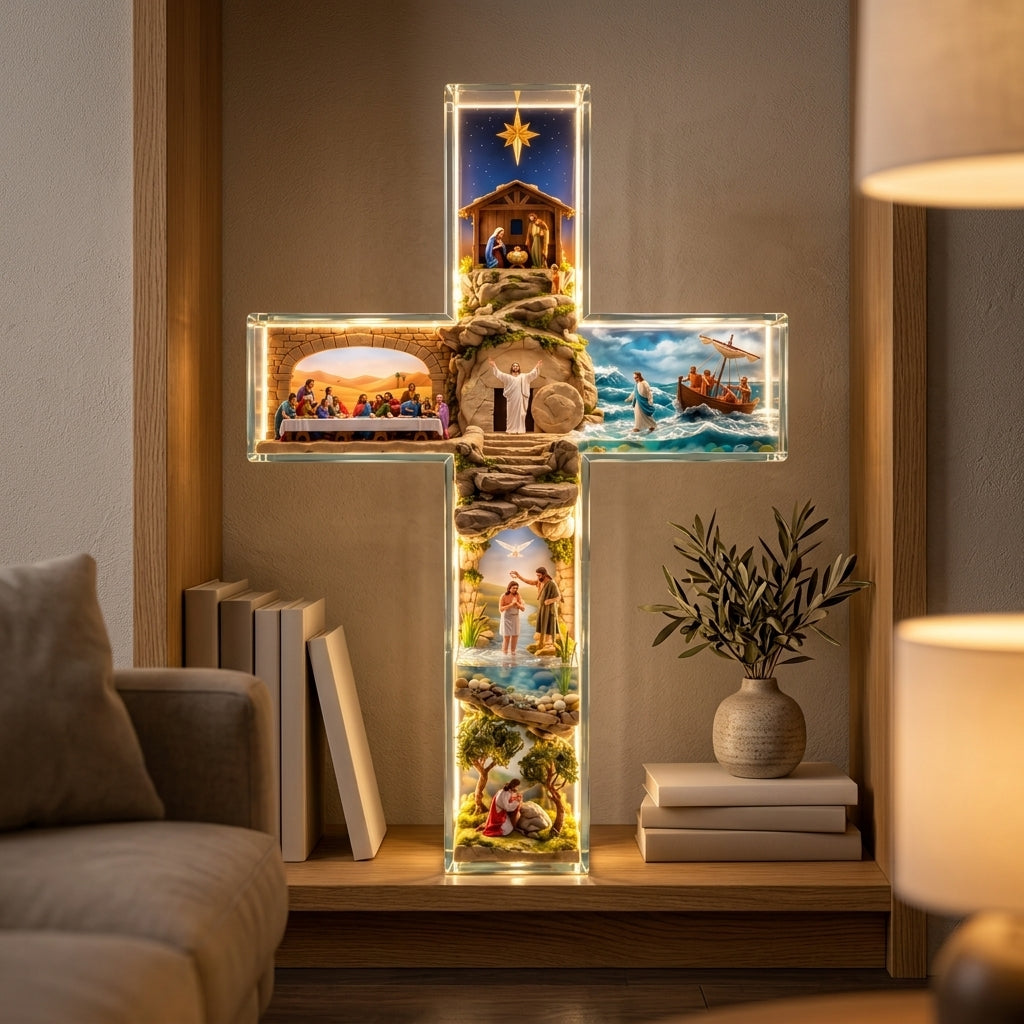 Lighted Jesus story cross on a living room bookshelf in the evening