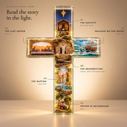 Scene map of the cross: Nativity at the top, Last Supper left arm, Walking on the Water right arm, Resurrection center, Baptism lower stem, Prayer in Gethsemane at the base