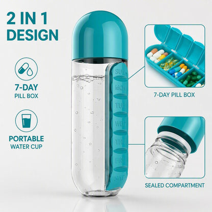 💊7-Day Pill Organizer Water Bottle – Daily Medicine Storage for Travel
