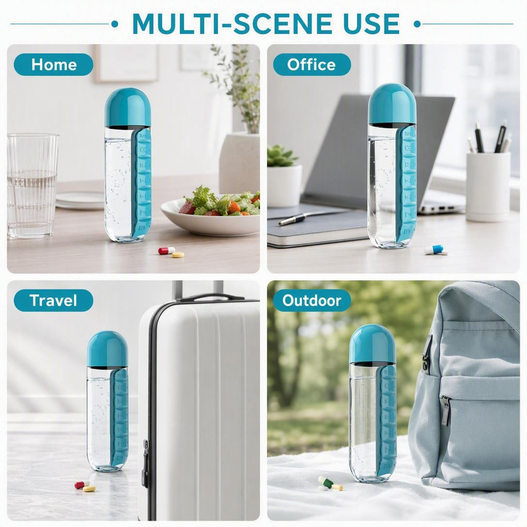 💊7-Day Pill Organizer Water Bottle – Daily Medicine Storage for Travel