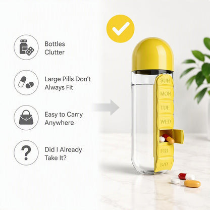 💊7-Day Pill Organizer Water Bottle – Daily Medicine Storage for Travel