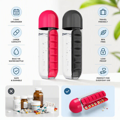 💊7-Day Pill Organizer Water Bottle – Daily Medicine Storage for Travel