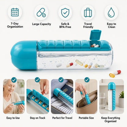 💊7-Day Pill Organizer Water Bottle – Daily Medicine Storage for Travel